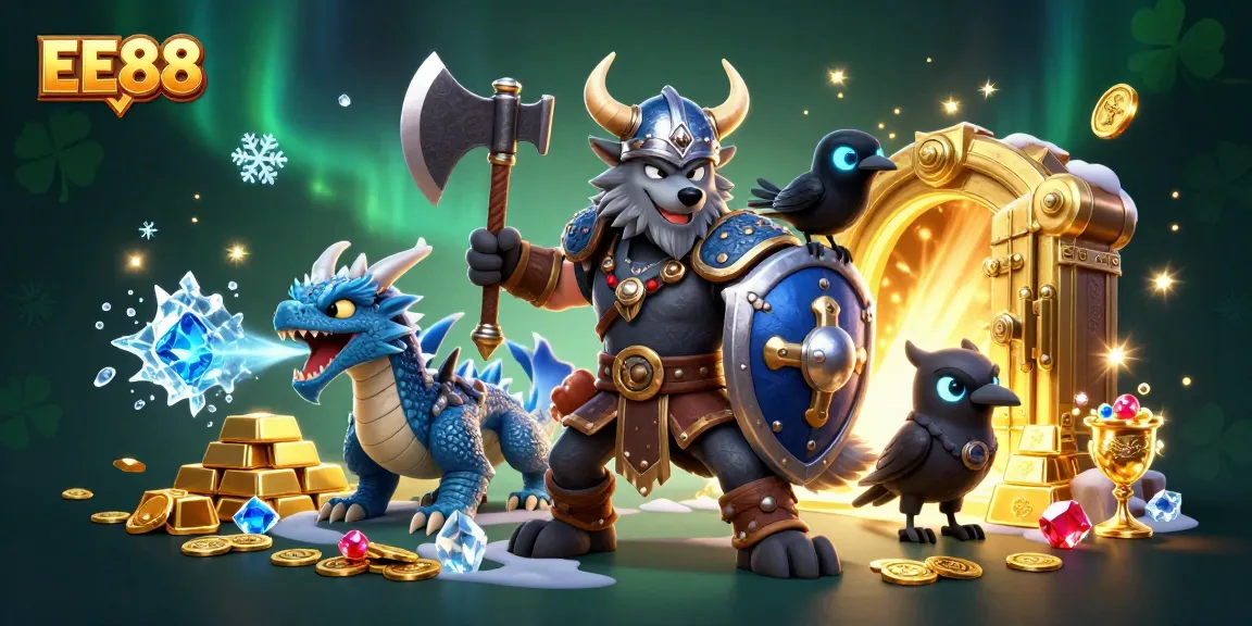 Experience the thrill of EE88 with dynamic Viking characters amid a rich treasure scene.