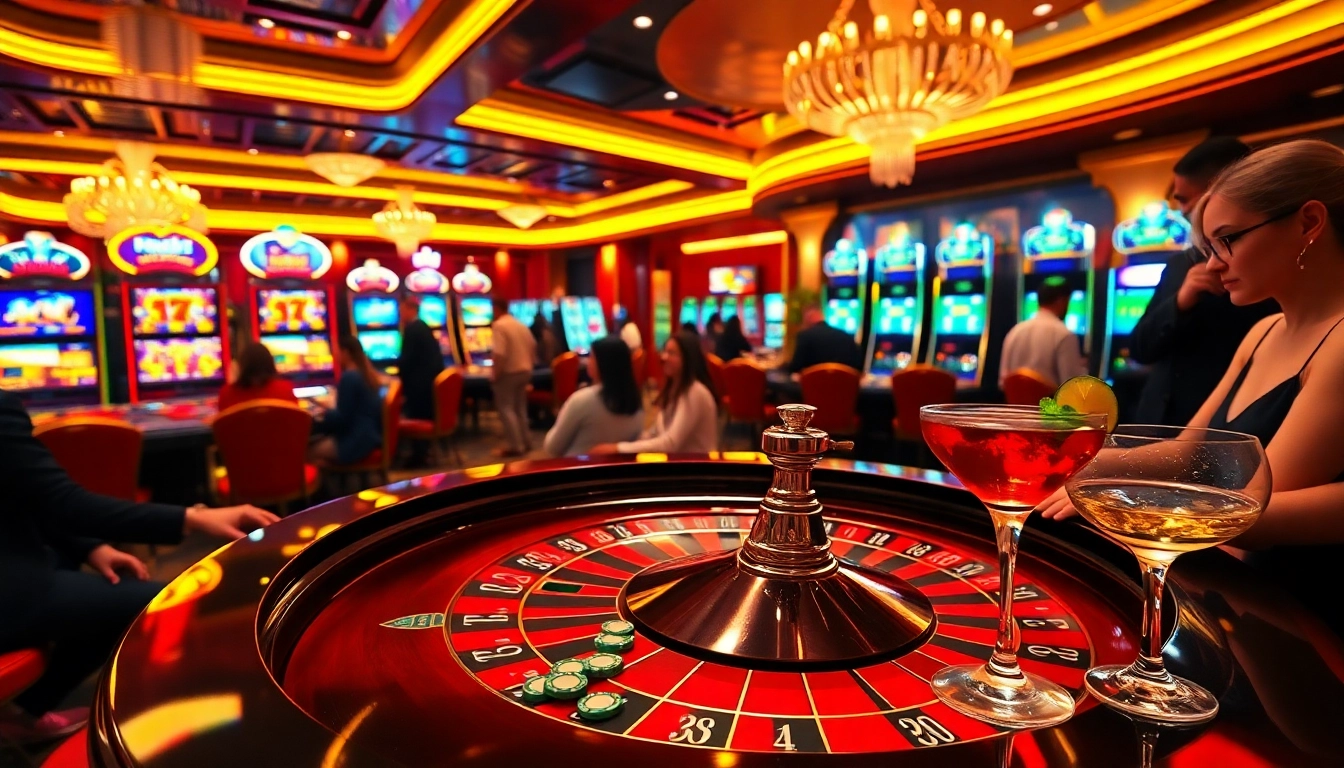 Experience thrilling gameplay at max88 with a luxurious casino setting featuring roulette and slot machines.