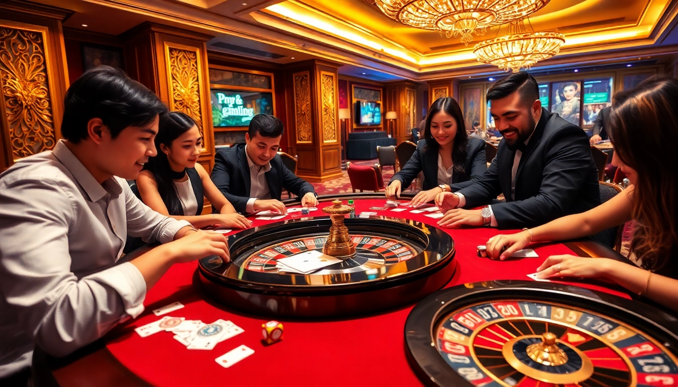 Gamers strategizing in a vibrant game bài scene at a luxurious casino table.