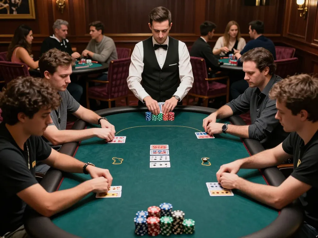 Kuwin789 players engaged in a high-stakes poker tournament in a luxury casino.
