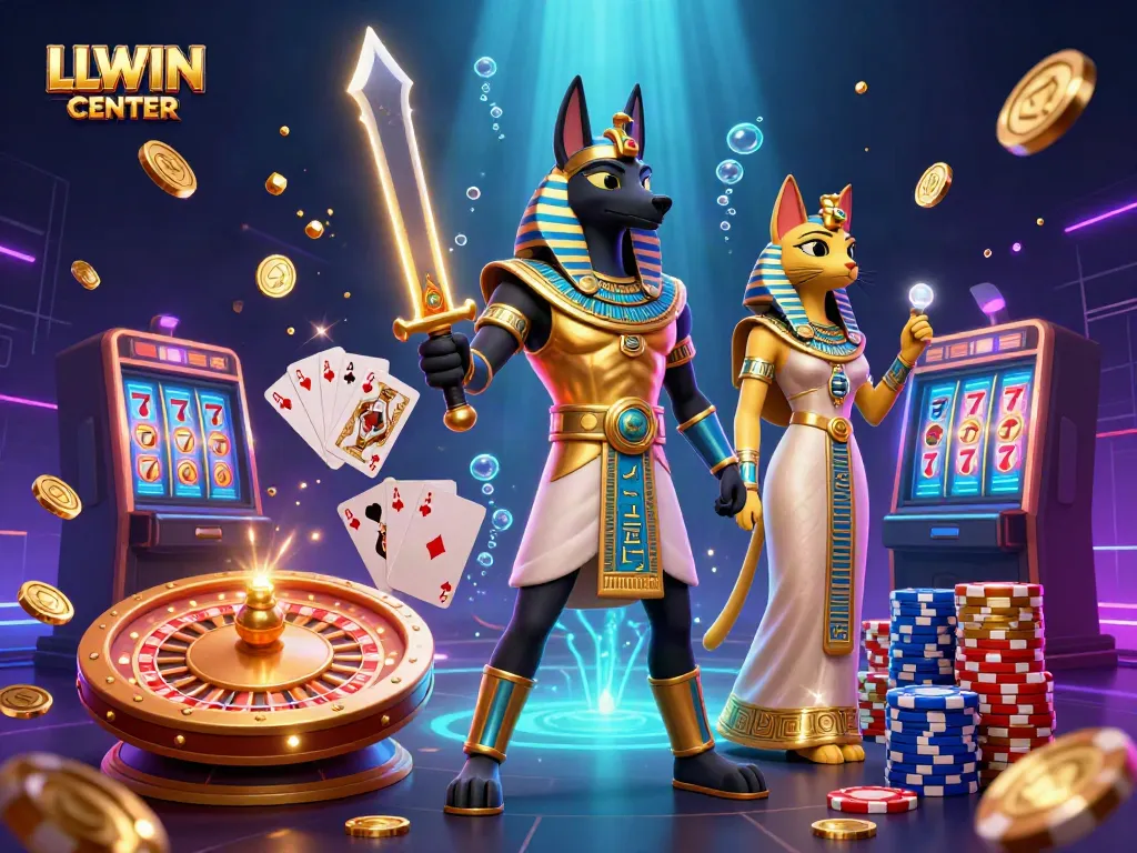 Experience the thrill at LLWIN CENTER with Anubis and Bastet amid sparkling casino elements.