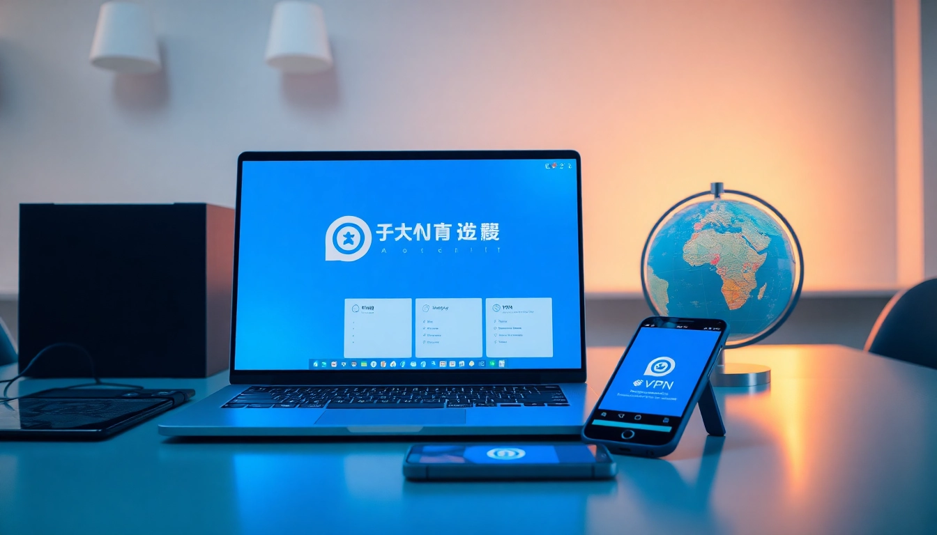 在现代工作空间的笔记本电脑上显示的快连官网，象征全球连通性与科技创新。