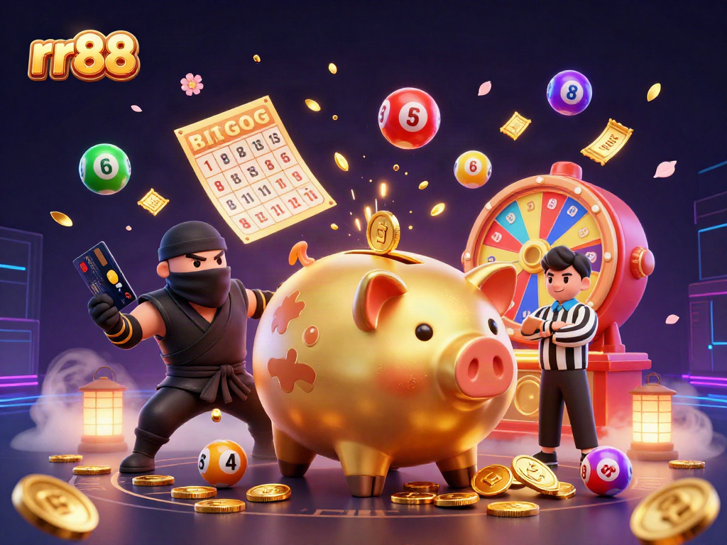 Experience winning at rr88 with vibrant casino illustrations featuring game characters and dynamic elements.
