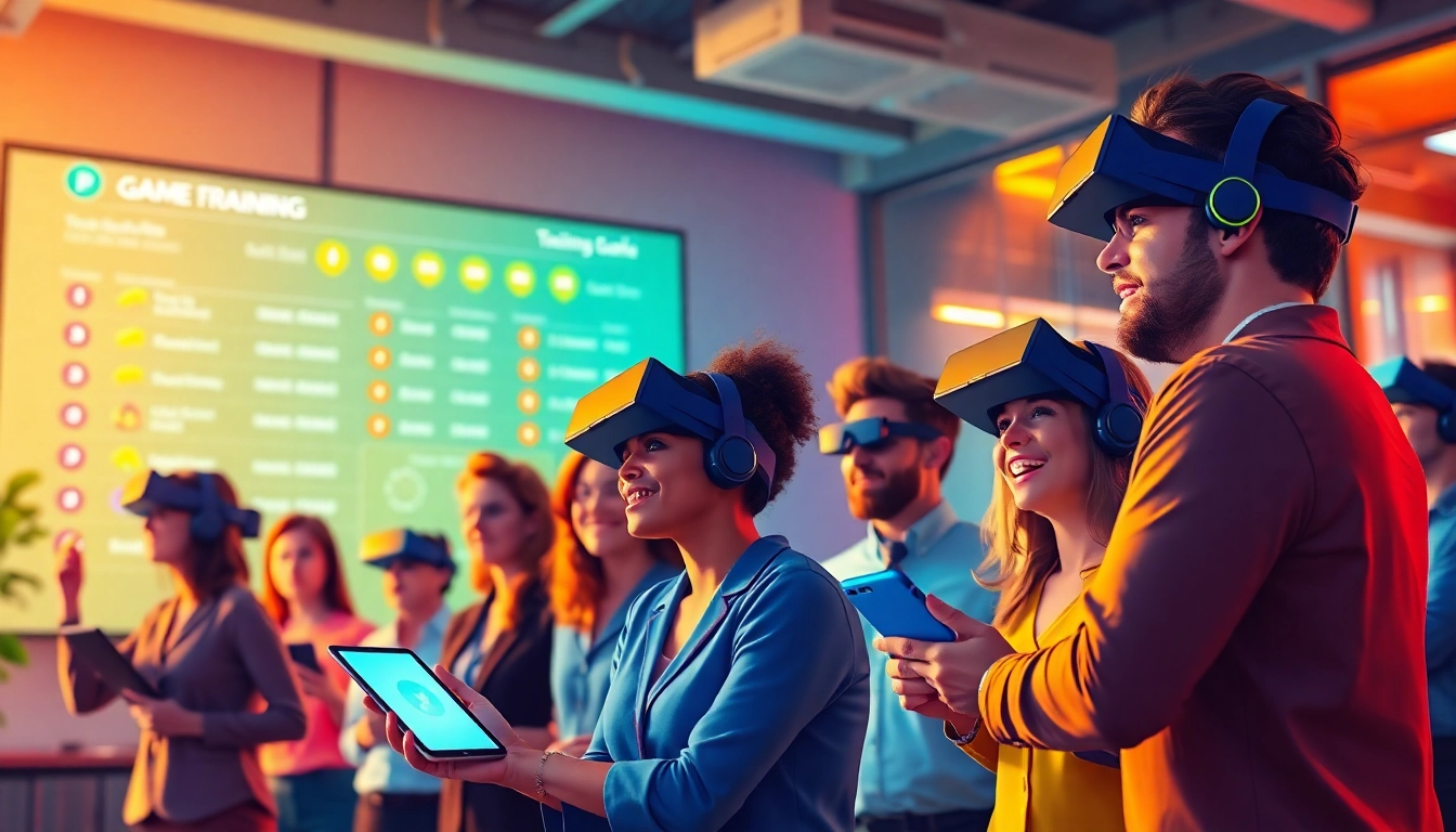 Employees engaging in training gamification in a modern office setting, showcasing interactive digital elements.