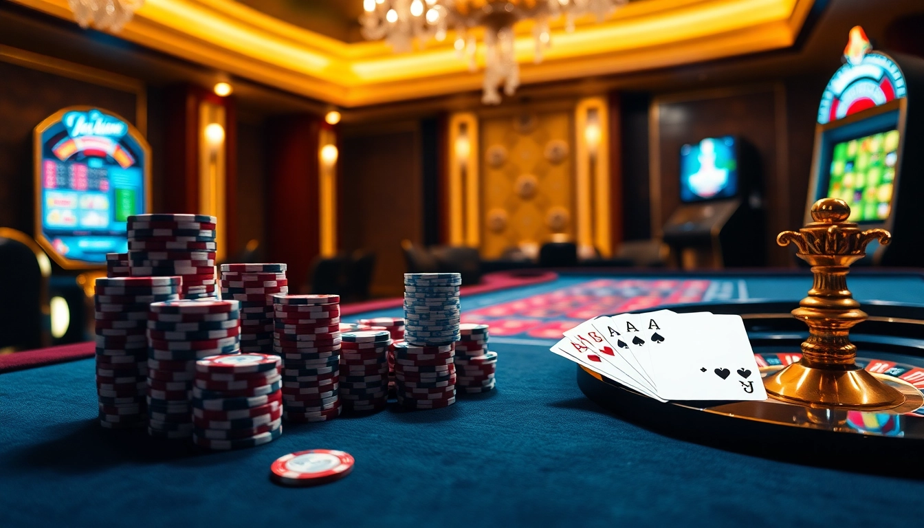 Experience winning thrills at hay.win's casino with vibrant poker chips and a roulette wheel.