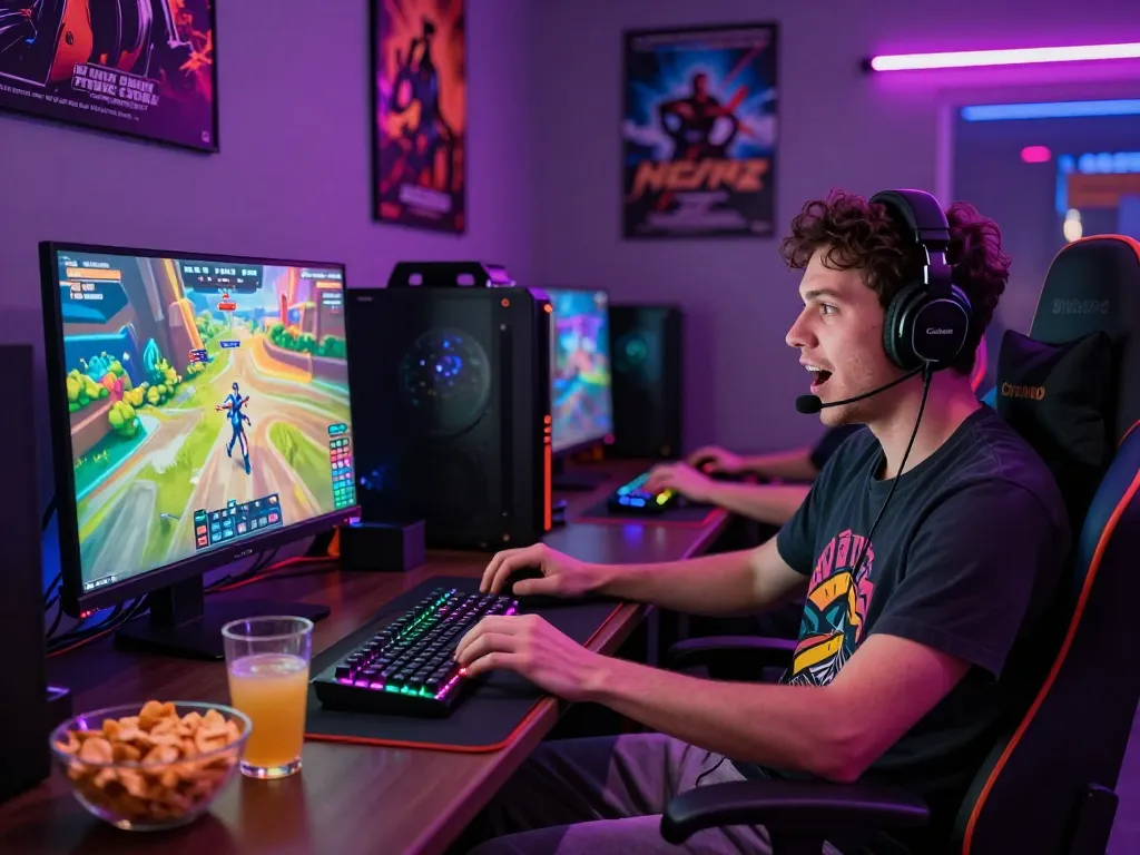 Engaged player enjoying real porn games in a vibrant gaming lounge with neon lights and gaming gear.