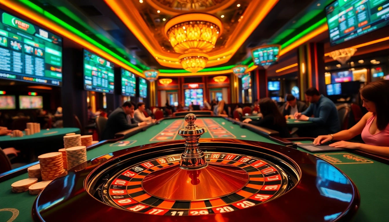 FABET casino table with engaged players and vibrant gaming atmosphere, showcasing excitement.