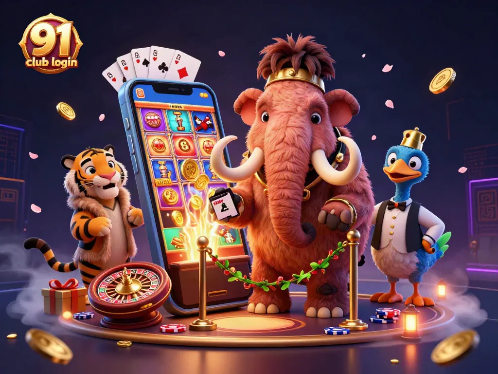 91 club login showcases vibrant gambling atmosphere with a cartoon bouncer and vivid gaming elements.