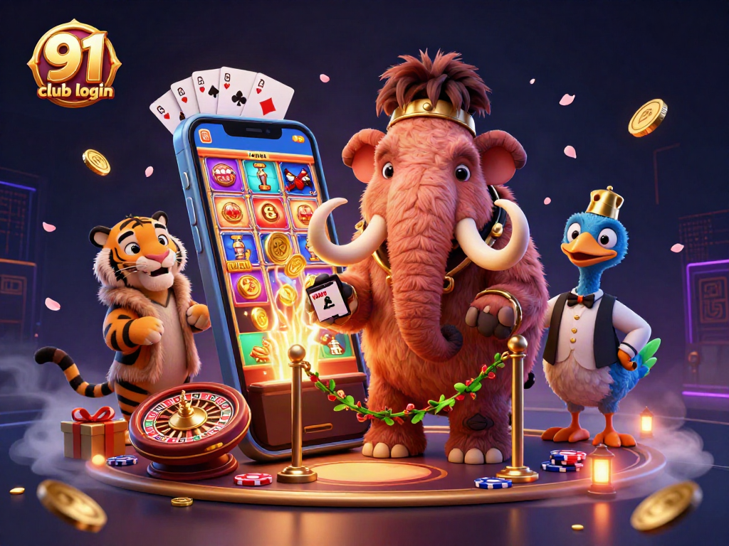 91 club login showcases vibrant gambling atmosphere with a cartoon bouncer and vivid gaming elements.