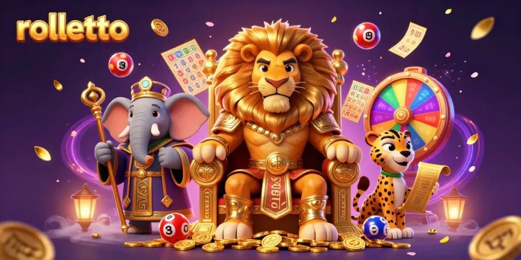 Experience rolletto's vibrant themes in this dynamic 3D illustration showcasing casino elements and characters.