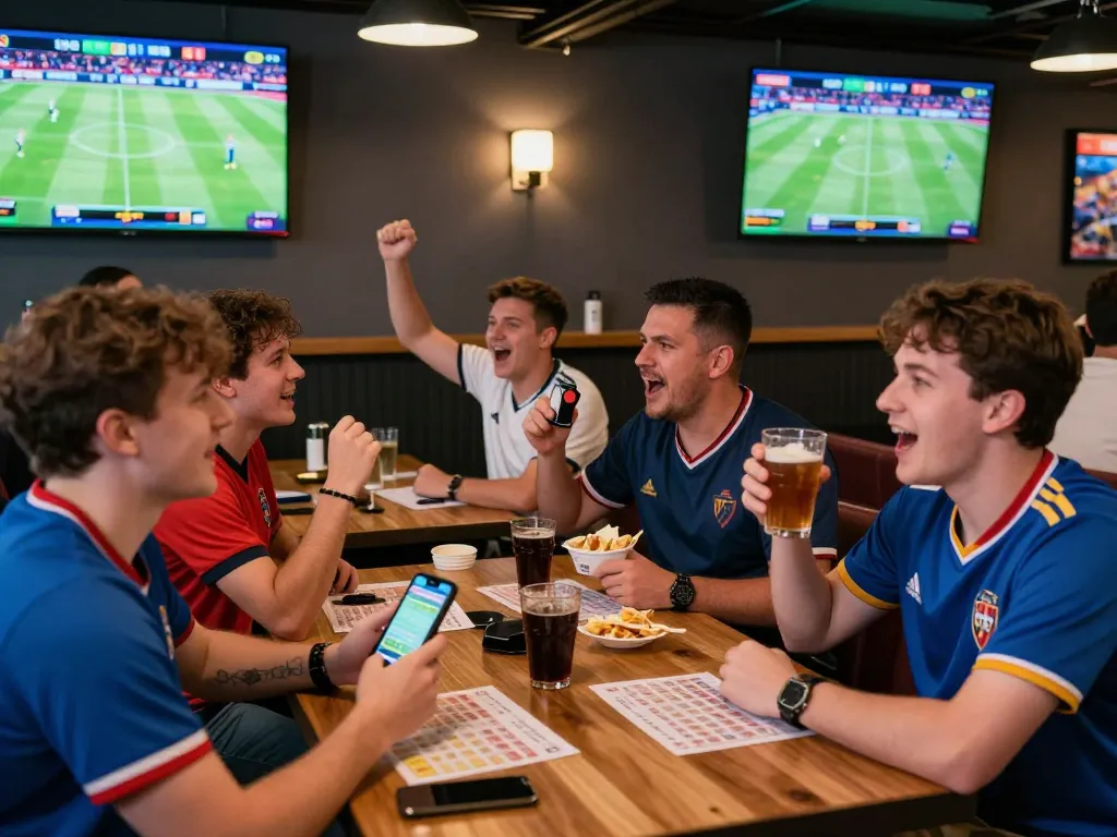 Engaging moment at communicate.com.mx showcasing a lively sports bar with bettors enjoying live football, surrounded by cheering fans and betting activities.