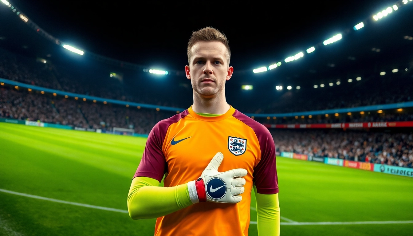 Jordan Pickford showcasing his skills as a goalkeeper on the football pitch during a game.