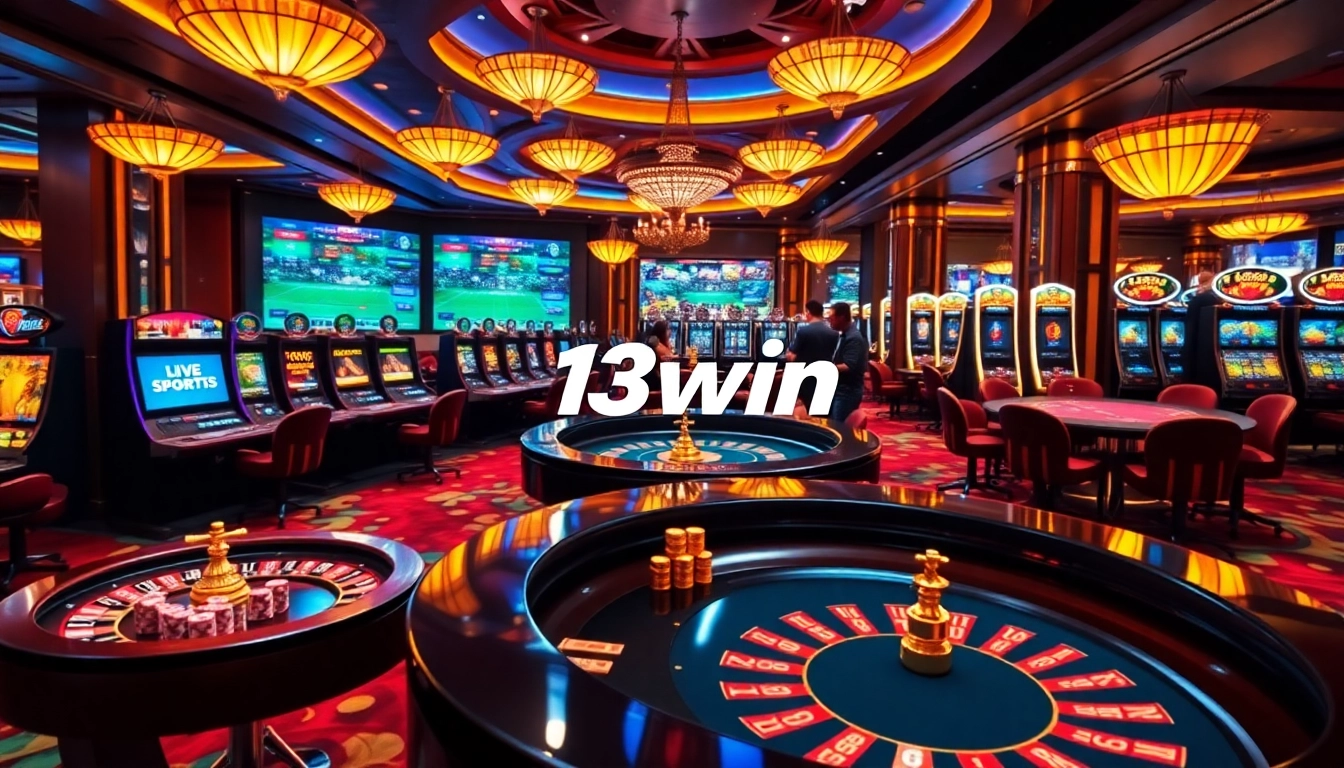 Exciting gaming atmosphere at 13win featuring roulette and poker tables.