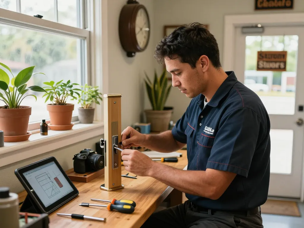 Professional locksmith in Stuart Florida working on a residential door lock in a cozy workshop.
