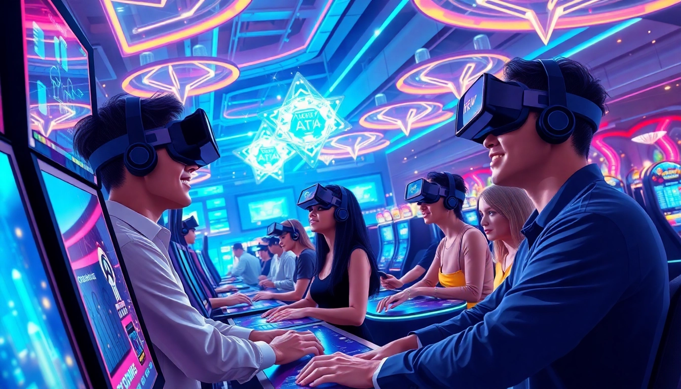 Experience the thrill of New Technology in a futuristic casino setting with VR gaming and AI interfaces.