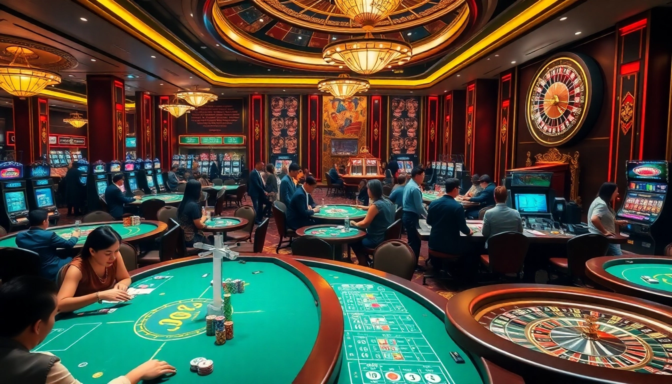 Experience the thrill of Nhà cái uy tín nhất Việt Nam with players at a vibrant casino, featuring poker tables and roulette wheels.