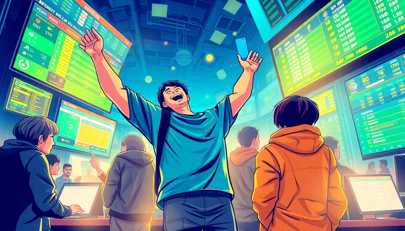 Energetic bettors celebrating wins from fb88nn.com in a vibrant sports betting scene.