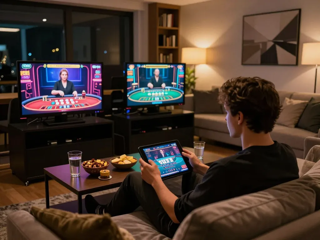 Player enjoying live baccarat on tablet in cozy setting at 8kbet, capturing the online casino experience.