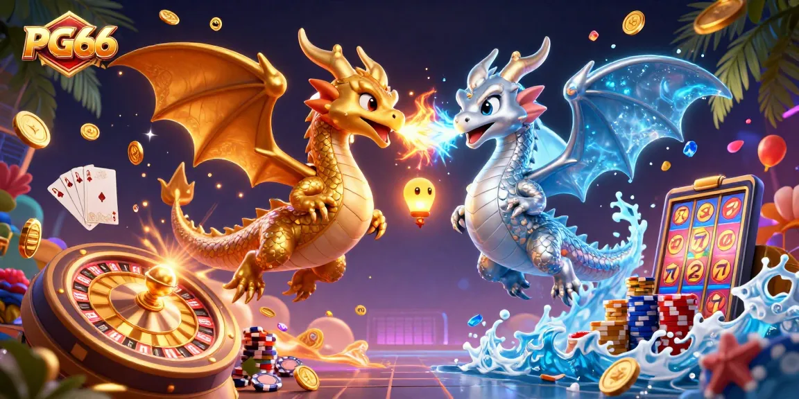 Experience thrilling gameplay at PG66 with 3D dragons, roulette, and slot machines spinning.