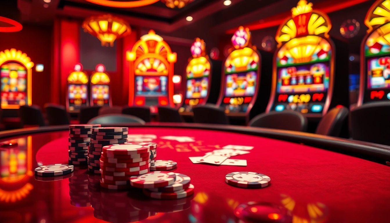 Experience thrilling wins at UU88 with vibrant casino visuals showcasing poker tables and slot machines.