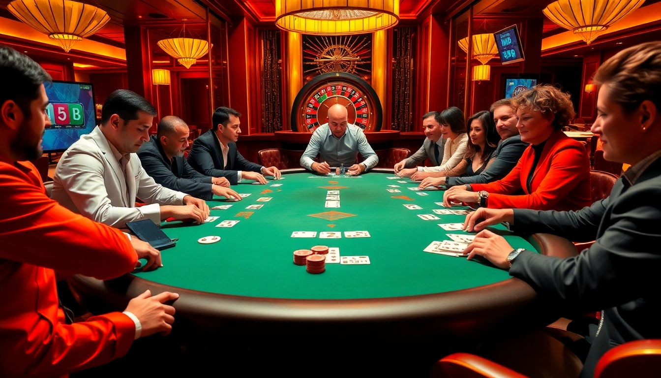 Players enjoying a poker game in a luxury casino with a vibrant atmosphere and 5MB gaming interface.