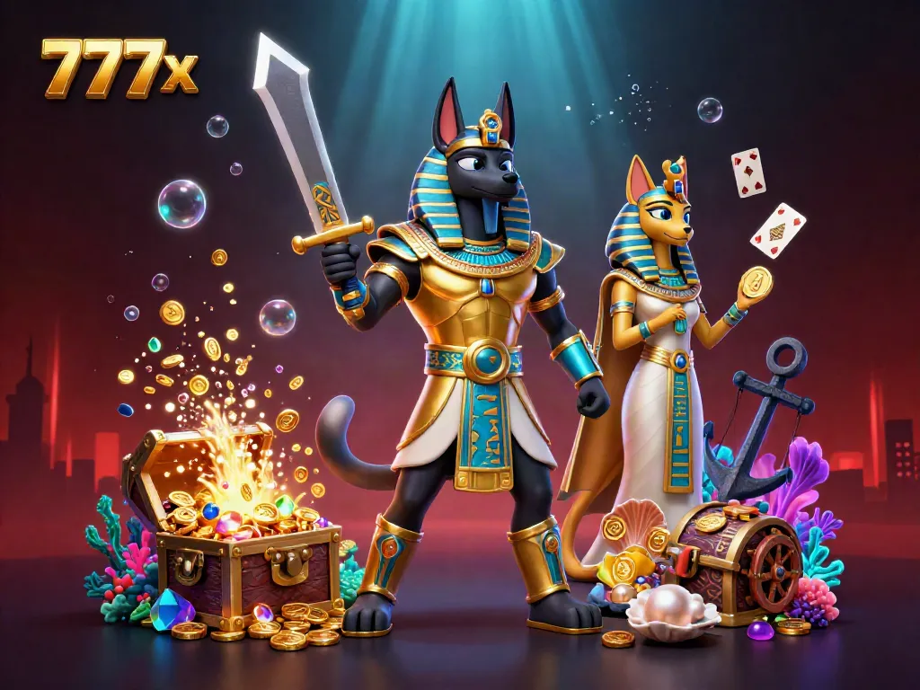 Engage with 777x casino through a vibrant scene featuring Anubis and Bastet among glimmering gold and gems.
