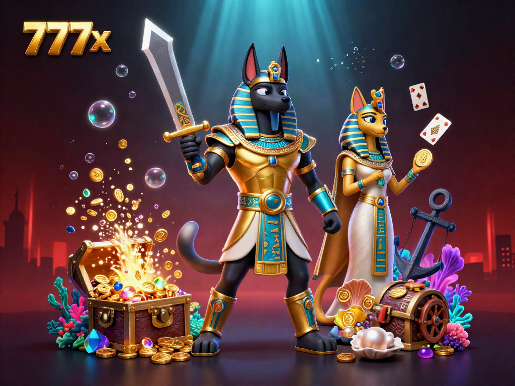 Engage with 777x casino through a vibrant scene featuring Anubis and Bastet among glimmering gold and gems.