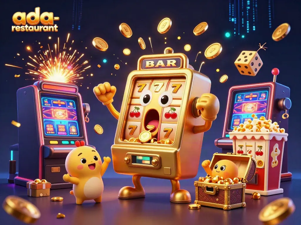 Experience excitement at ada-restaurant with a slot machine hitting the jackpot amidst dazzling casino elements.