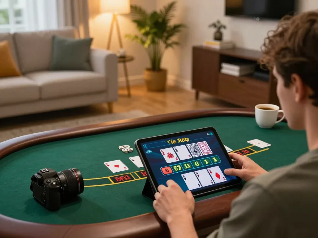 Engaging gameplay at 678vip where a user strategizes while playing live dealer blackjack on a tablet at home.