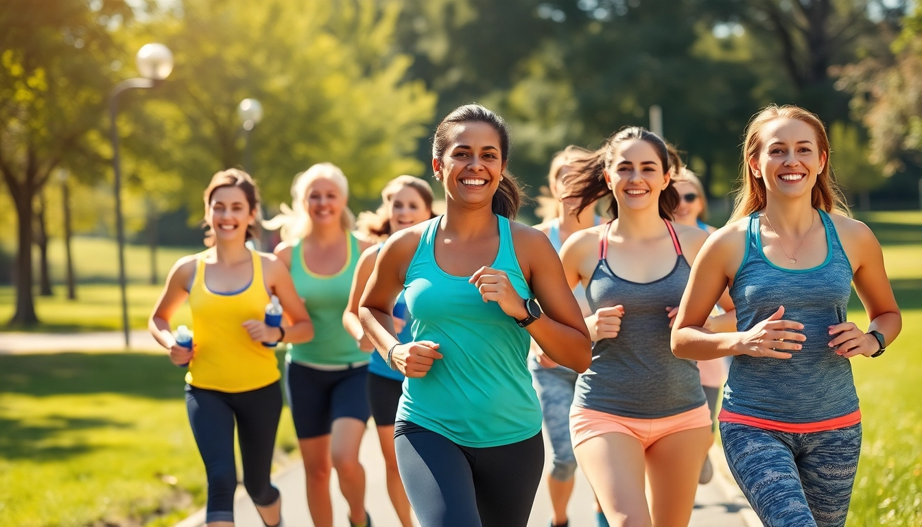 Active individuals embracing weight loss through fitness and healthy habits in a sunny park.