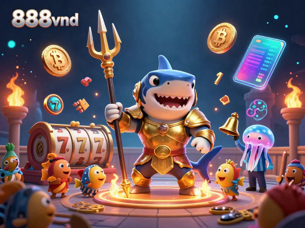 Immerse in 888vnd's dynamic online gaming scene with a gladiator shark and sparkling jackpots.