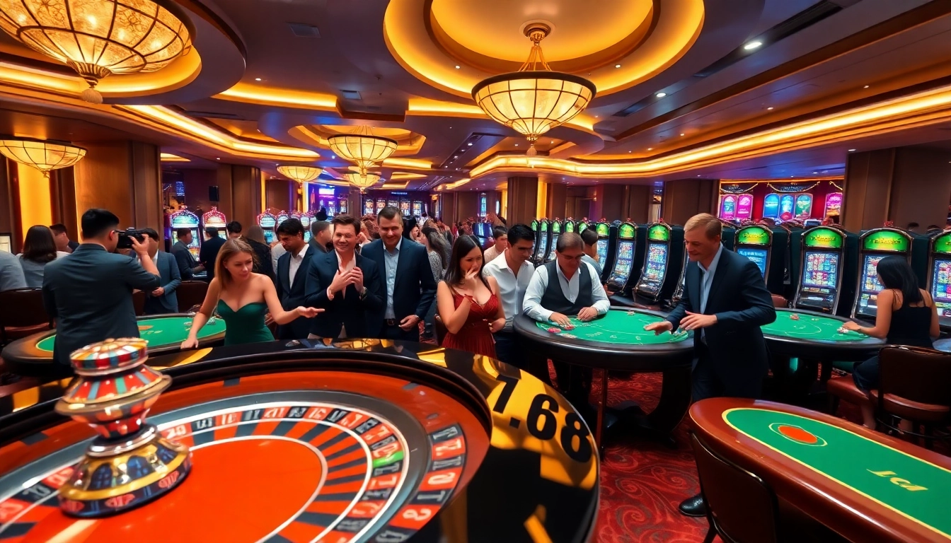 Exciting casino atmosphere with players at tables and slot machines at https://gg88.co.com/.