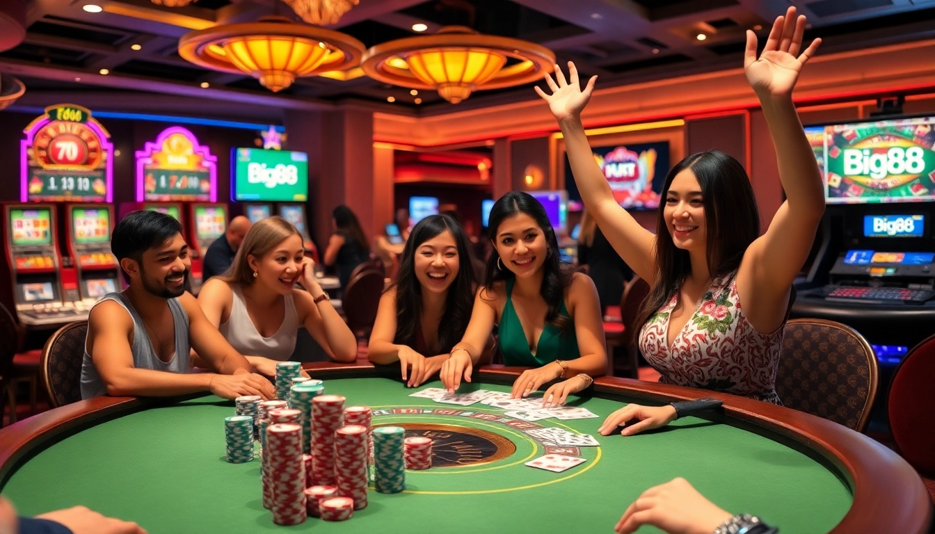 Engaged players enjoying poker games at Big88 online casino with colorful chips and cards.