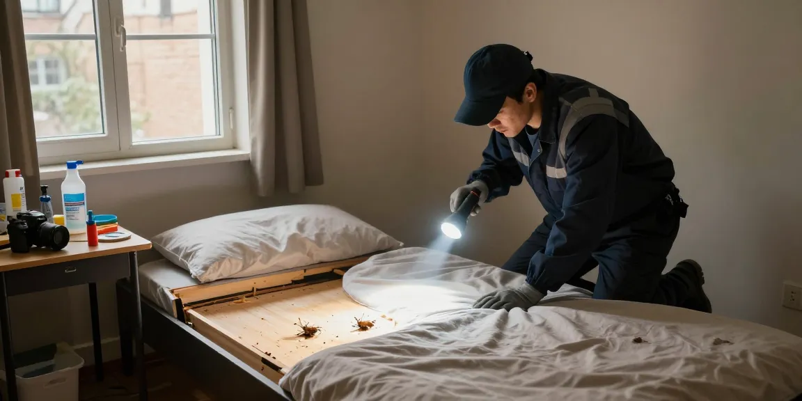 Exterminator inspecting for bed bugs as part of bed bug pest control service in a residential bedroom.