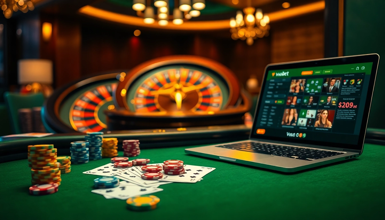 Players engaging in a thrilling game at a vaobet poker table with vibrant chips and cards.