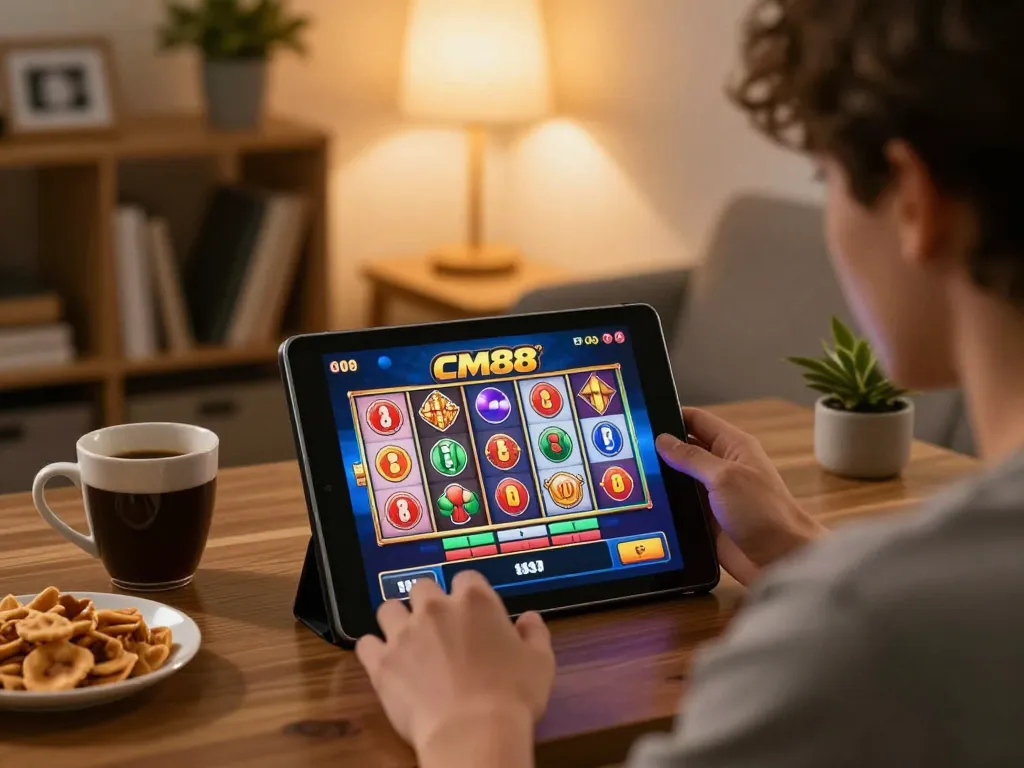 Engaging with the cm88 slot game app on a cozy tablet setup in a home environment.
