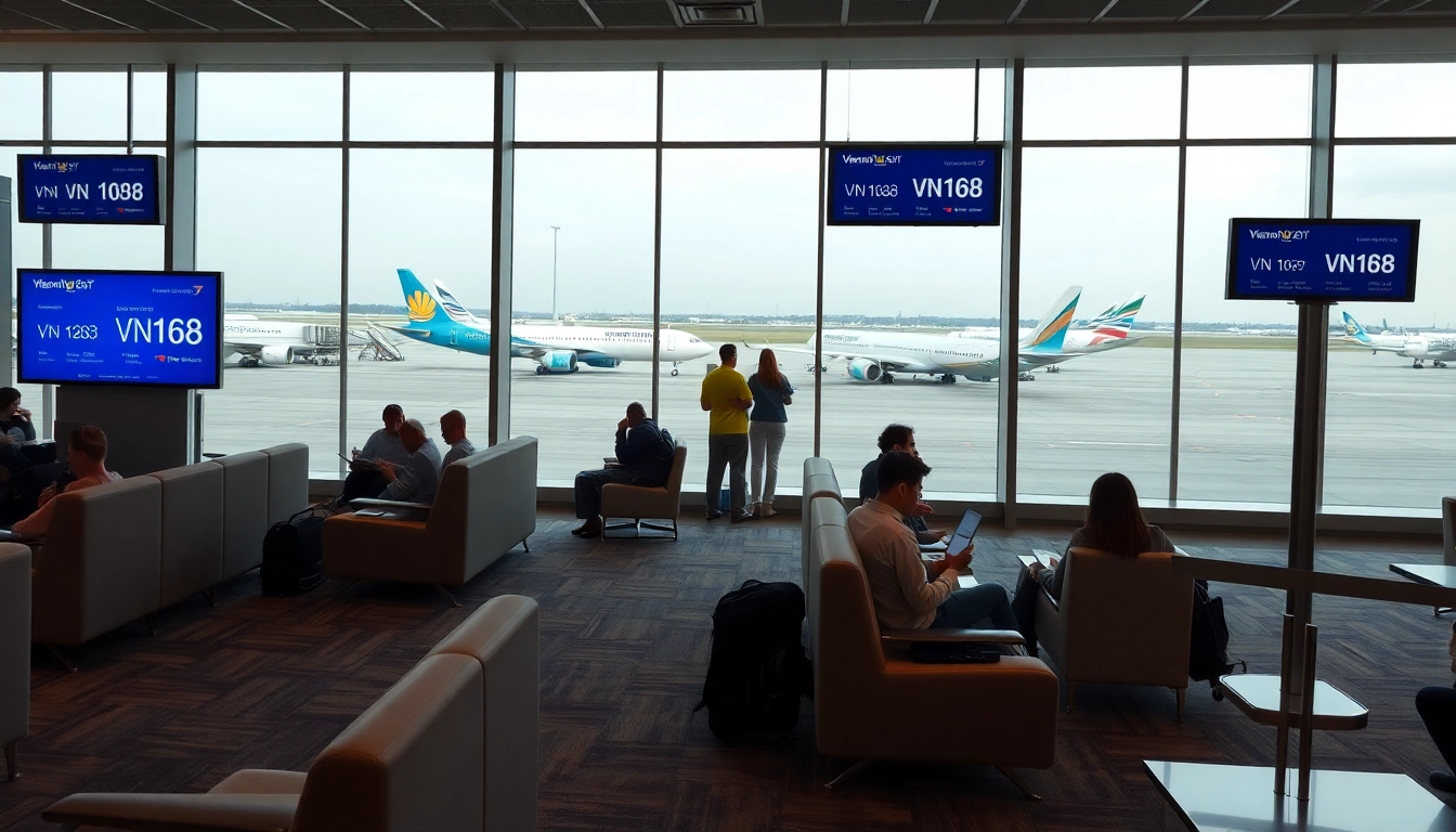 Vietnam Airlines VN168 flight status displayed in a modern airport lounge.