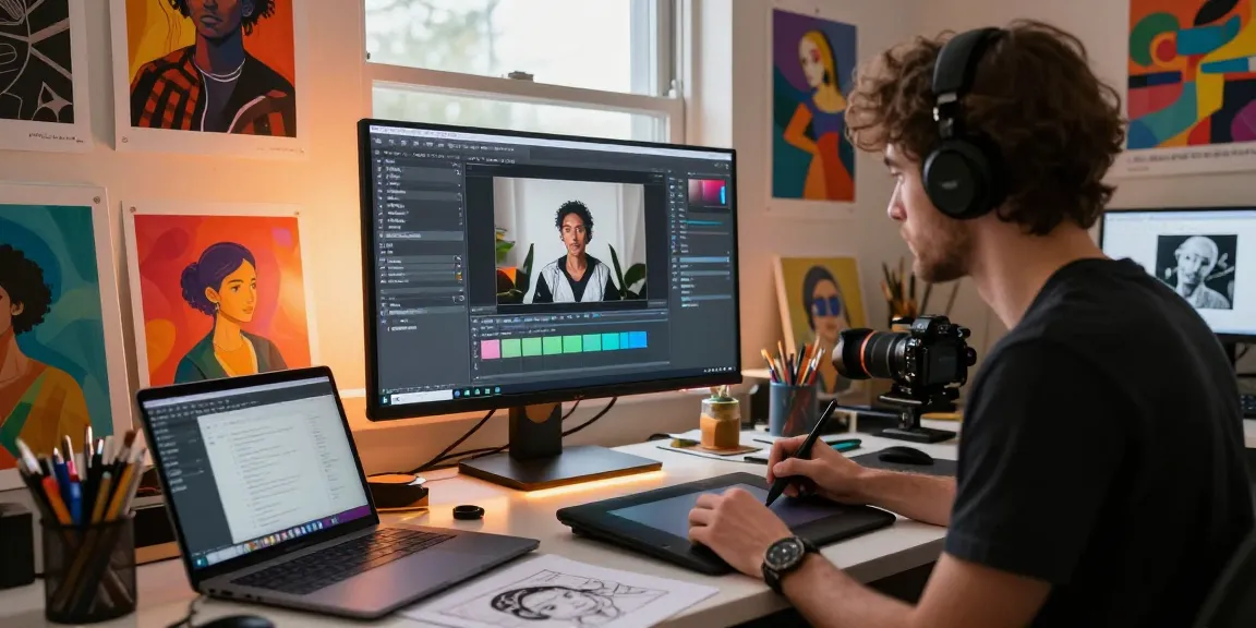 Artist using AI nsfw software in vibrant digital studio with creative tools.
