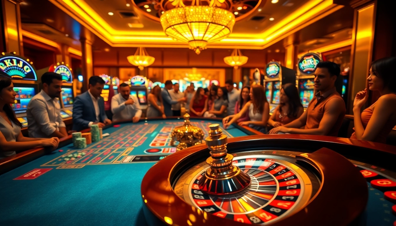 Experience the thrill of gambling at KJC with vibrant casino visuals featuring roulette wheels and poker chips.