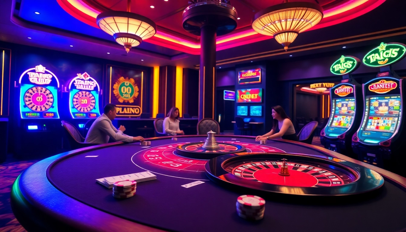 Experience the excitement at Trang Chủ QQ88 with a vibrant casino scene featuring live poker gaming and neon slot machines.