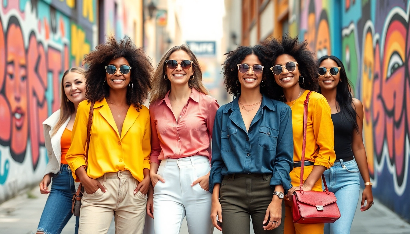 Stylish women fashion scene showcasing diverse outfits and radiant smiles.