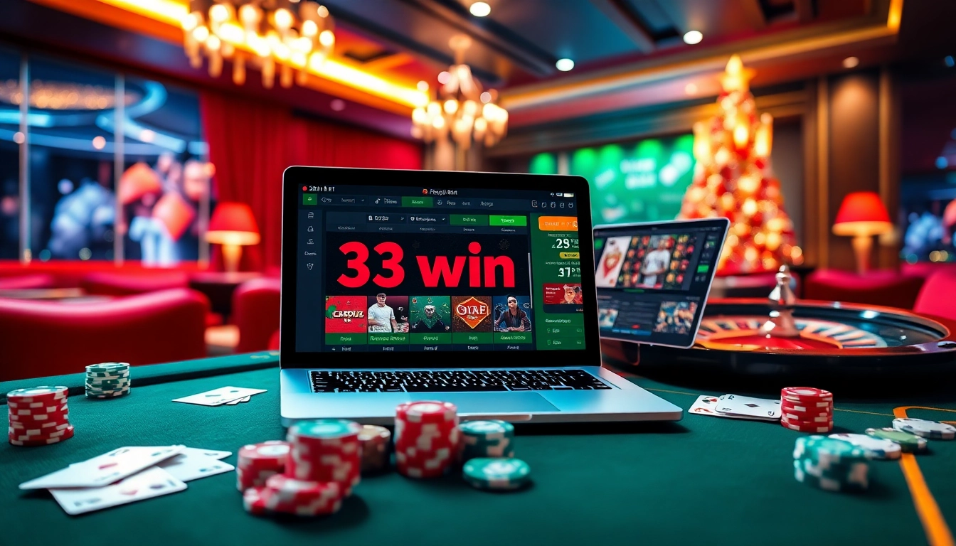 Experience the thrill of 33win bet with a luxurious casino setup featuring roulette and poker.