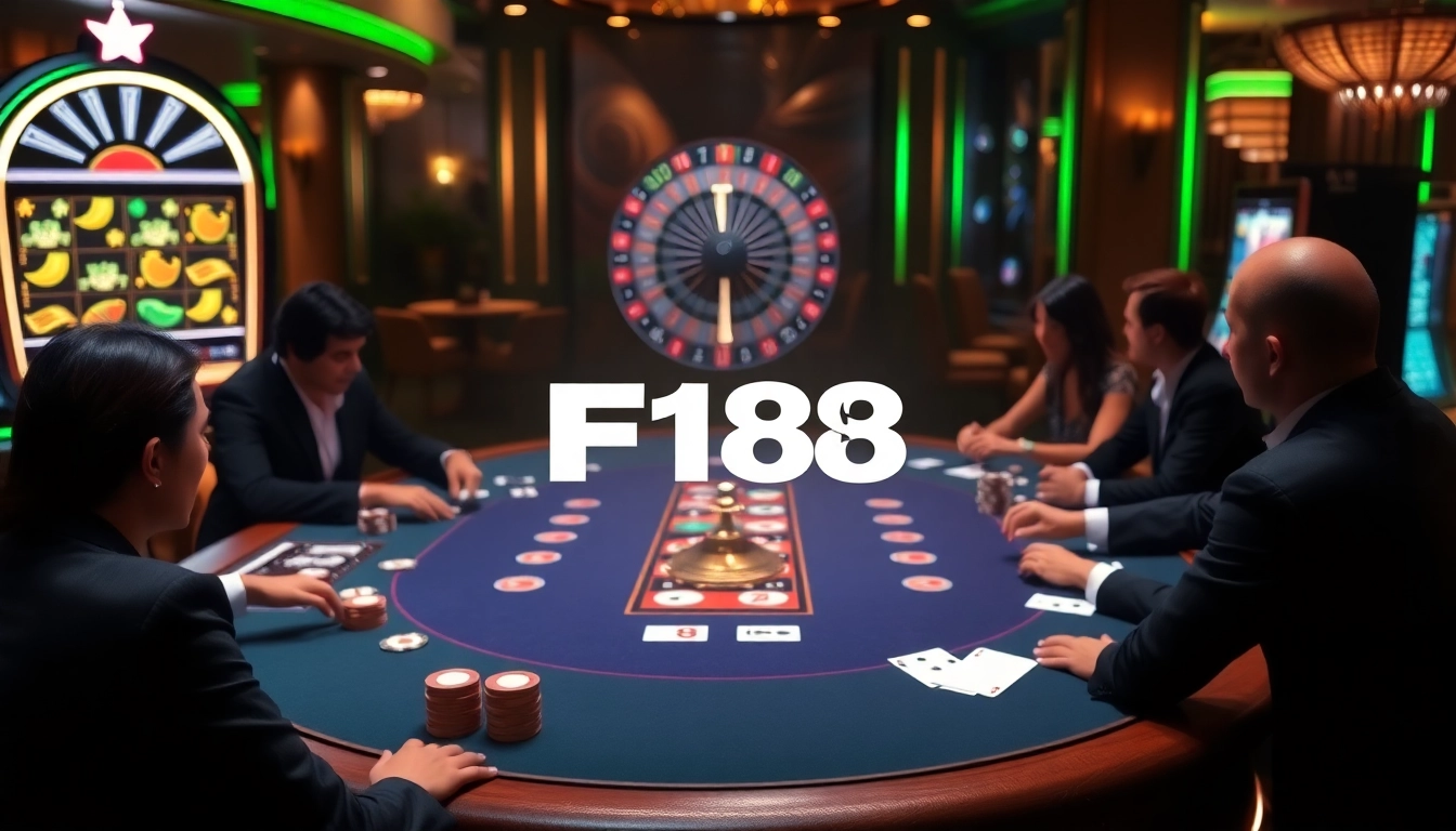 Engage with a high-stakes poker game illuminated by F168 branding amidst a luxurious casino ambiance.