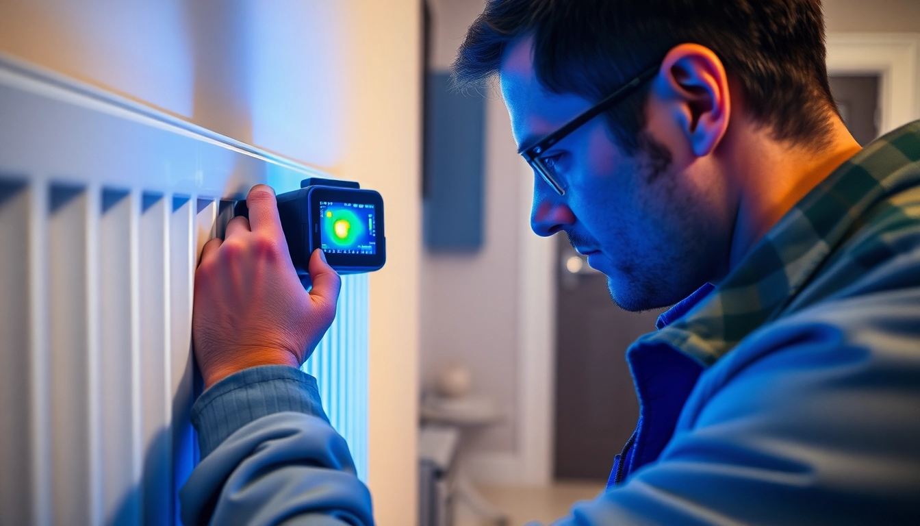 Central heating leak detection technician using thermal imaging for accurate diagnostics.