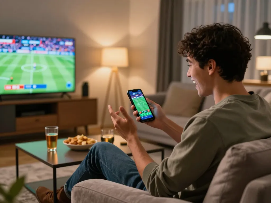 Person engaging in live sports betting on ko66 mobile app, capturing excitement in modern living room setting.