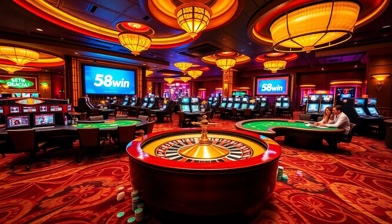 Experience thrilling gameplay at 58win's luxurious casino with vibrant roulette and poker action.