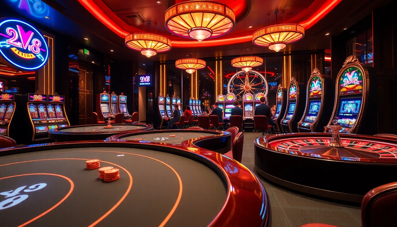 Players enjoying an exciting gambling experience at xx88 with vibrant slot machines and roulette wheels.