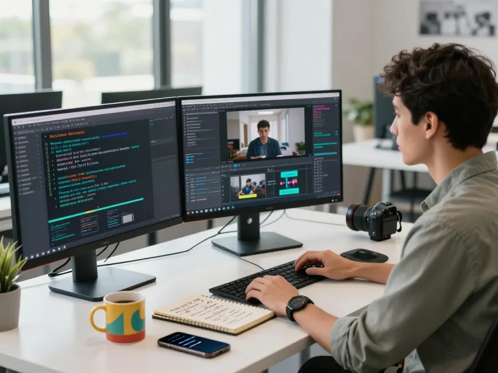Data analyst using video to prompt ai tools at a modern workspace, analyzing video content with AI software and prompts.