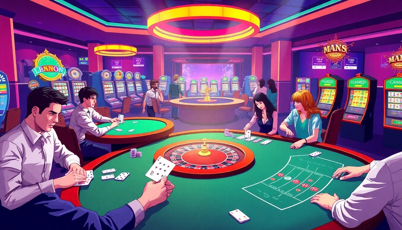 Exciting casino scene with gambling tables and KJC AC 2 theme, showcasing players and action.