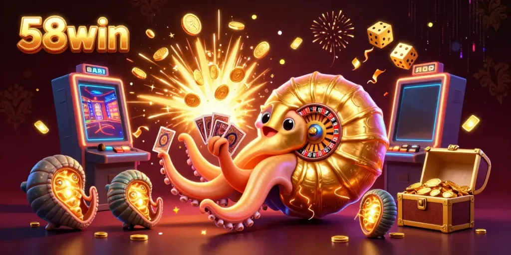 Experience thrilling gameplay with 58win as the giant nautilus spins the roulette wheel surrounded by vibrant casino elements.